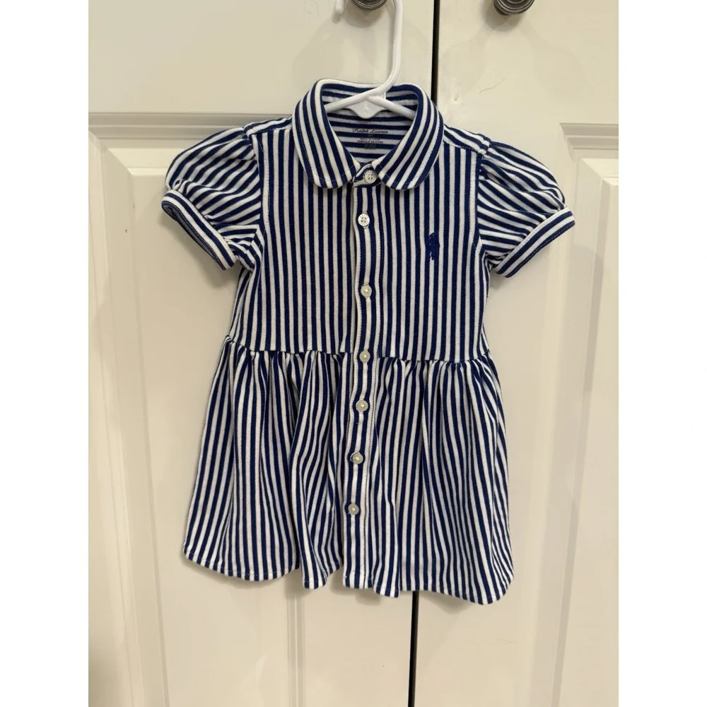 Ralph Lauren Striped Knit Oxford Shirtdress Puff Sleeve Baby Girl 6M Preppy